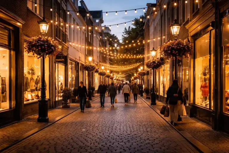 Drukke winkelstraat in de avond met verlichte etalages en winkelend publiek.