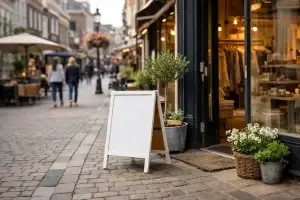 Winkelinterieur met open deur op zondag