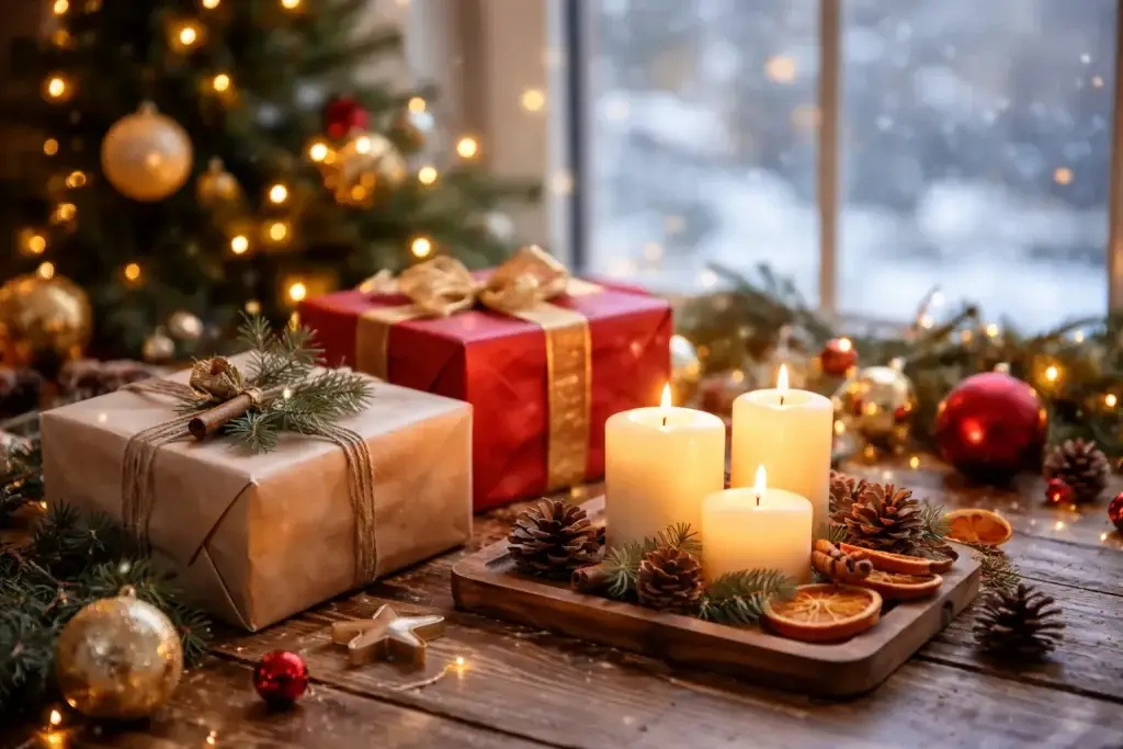 Kerstdecoratie met cadeaus en brandende kaarsen op houten tafel