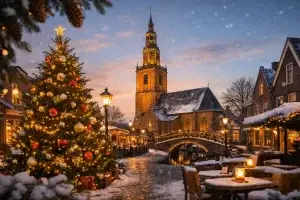 Verlichte kerstboom op een besneeuwd plein in Barneveld bij zonsondergang.