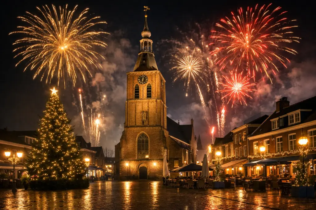 Vuurwerk boven het centrum van Barneveld tijdens Oud en Nieuw.
