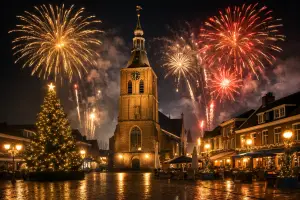Vuurwerk boven het centrum van Barneveld tijdens Oud en Nieuw.