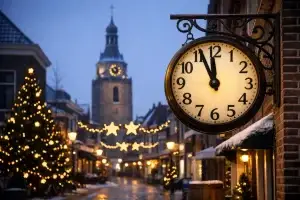 Sfeervolle winkelstraat in Barneveld tijdens Oud en Nieuw met feestverlichting