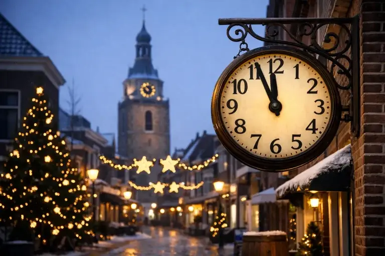 Sfeervolle winkelstraat in Barneveld tijdens Oud en Nieuw met feestverlichting