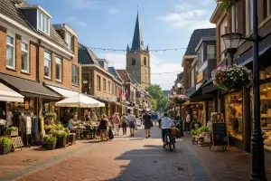 Drukke winkelstraat in het centrum van Barneveld met winkels en terrasjes