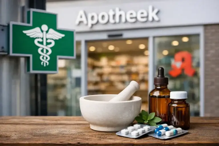 Gevel van een apotheek met groen kruis in Barneveld