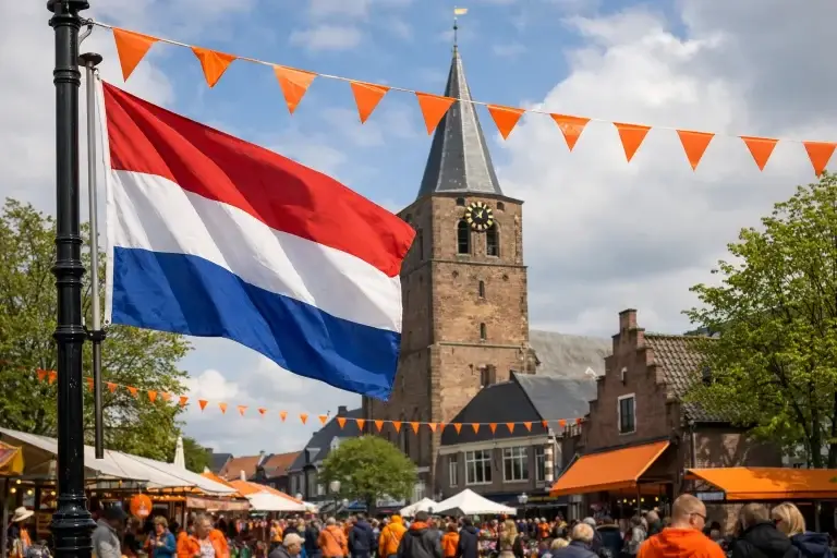Drukke winkelstraat in Barneveld tijdens Koningsdag met oranje versiering en vlaggen
