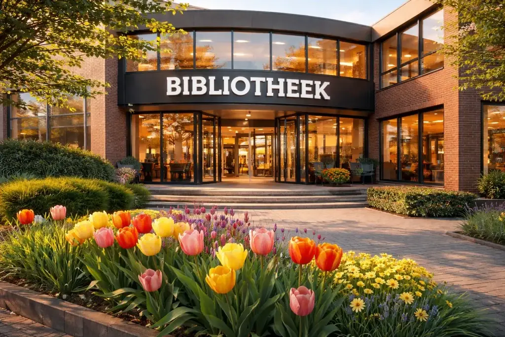Moderne bibliotheek in Barneveld met glazen ingang en bloemen ervoor.