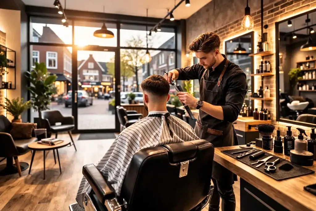 Moderne kapsalon interieur in Barneveld met kappersstoelen en spiegels