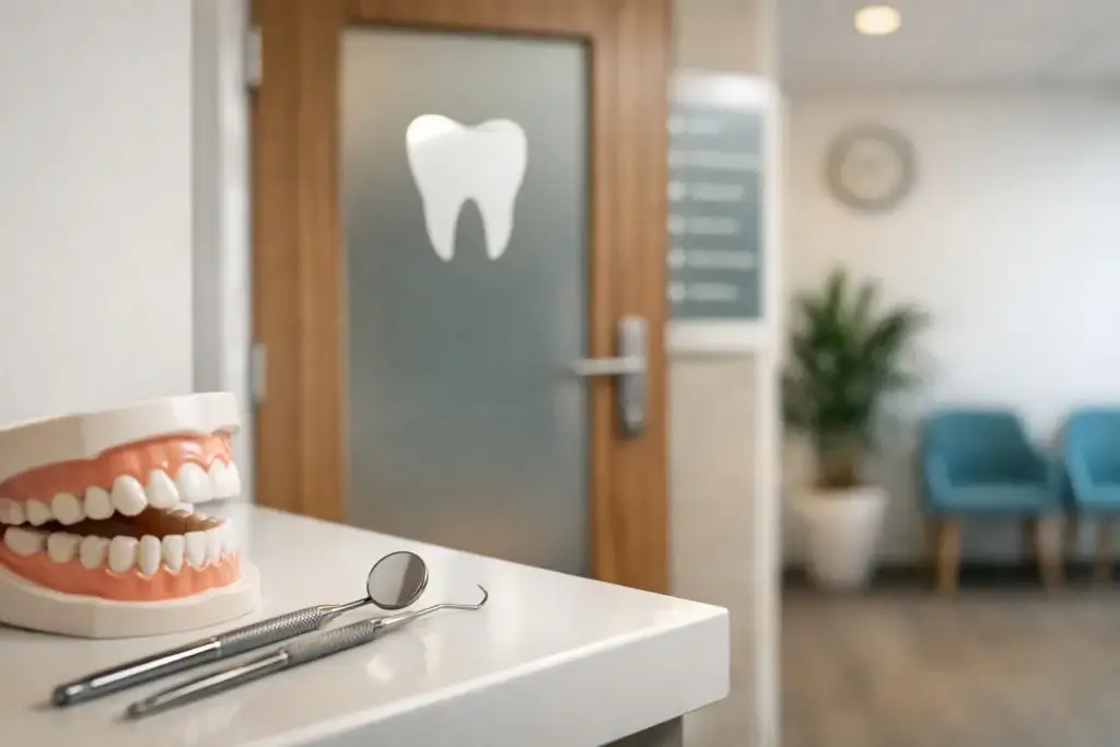 Moderne tandartspraktijk in Barneveld met behandelstoel en daglicht.