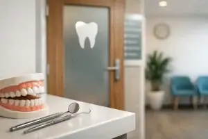 Moderne tandartspraktijk in Barneveld met behandelstoel en daglicht.