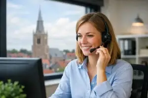 Medewerker helpt klant aan servicebalie in Barneveld