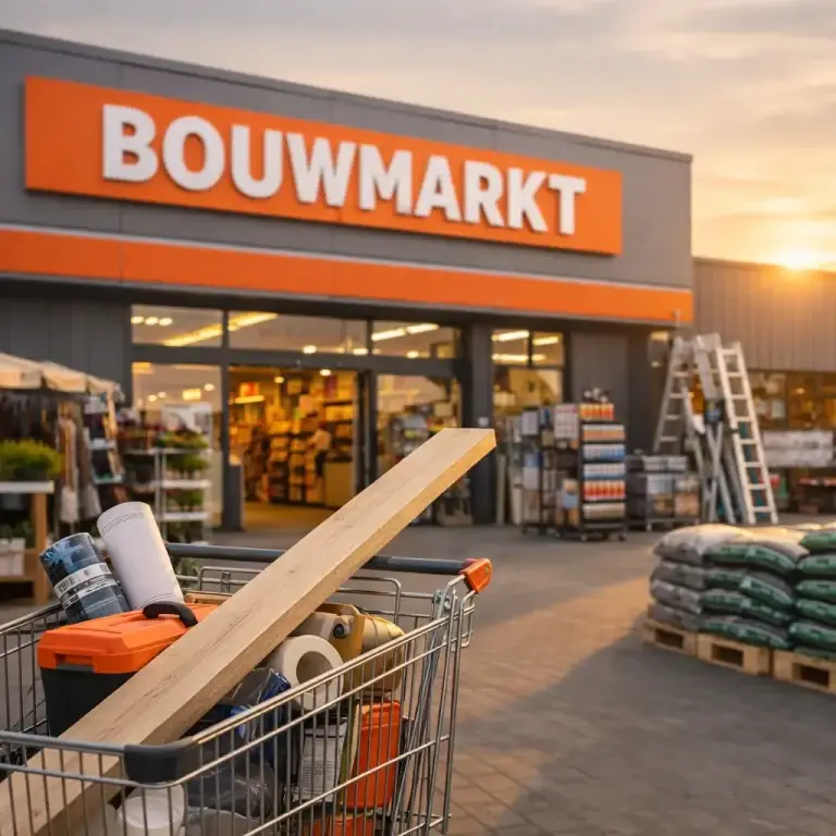 Bouwmarkt in Barneveld met winkelwagen en bouwmaterialen buiten de ingang.