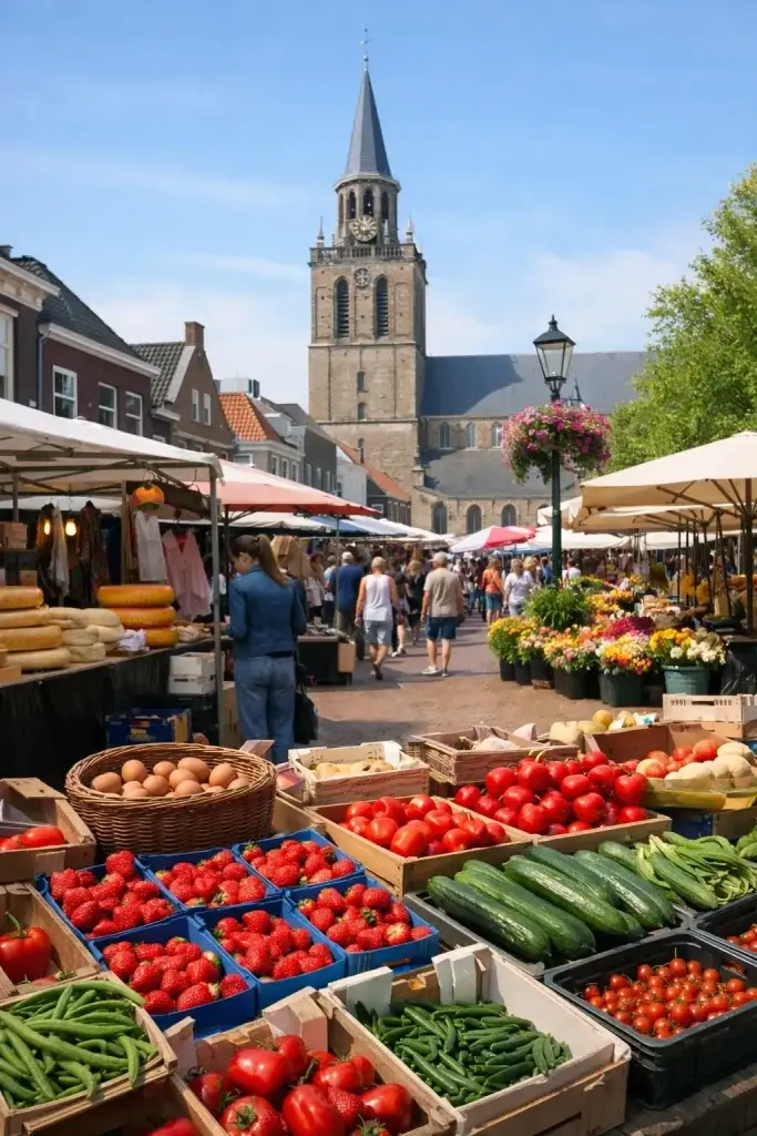Drukke weekmarkt met kramen vol groente en fruit in Barneveld.