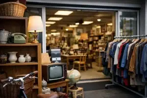 Home Ingang van een kringloopwinkel met meubels en kledingrekken