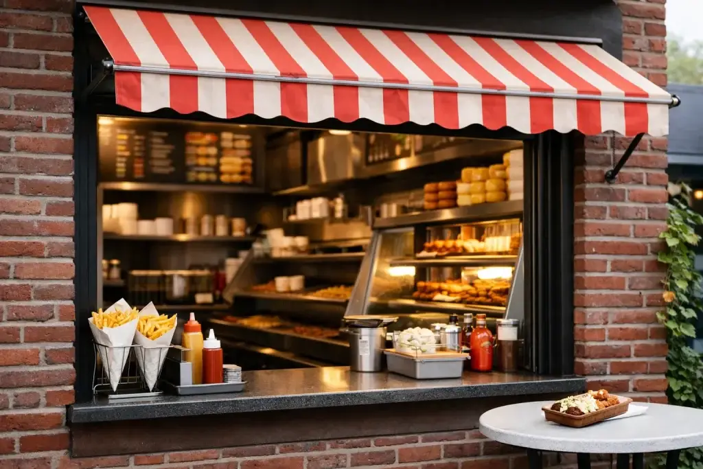 Traditionele snackbar met open loket en friet in Barneveld