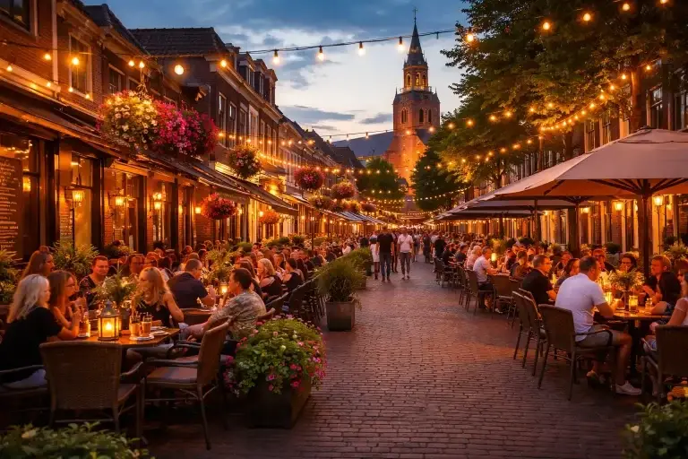 Drukke terrasstraat in Barneveld met sfeerverlichting in de avond