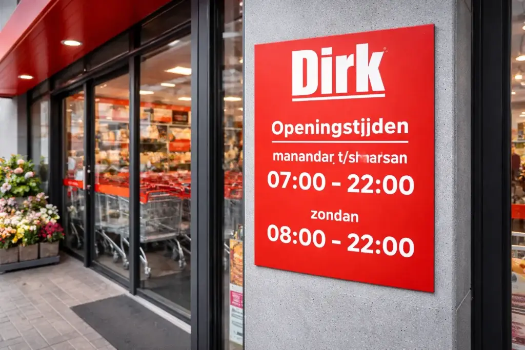 Gevelbord met openingstijden bij Dirk in Barneveld