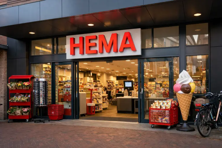 Gevel van een HEMA-winkel in Barneveld, met entree en etalage.