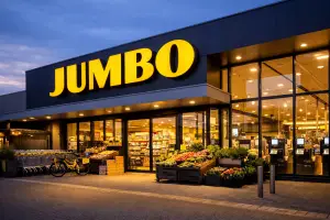 Home Vooraanzicht van een Jumbo supermarkt in Barneveld bij avondlicht.