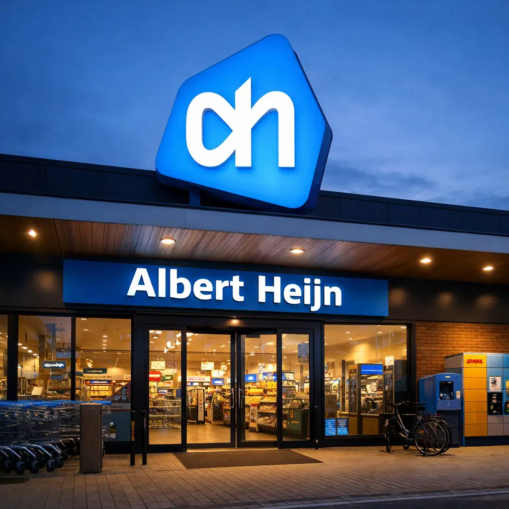 Ingang van Albert Heijn in Barneveld bij avondlicht.