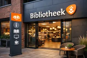 Ingang van de bibliotheek in Barneveld, met glazen deuren en zicht op de leesruimte.
